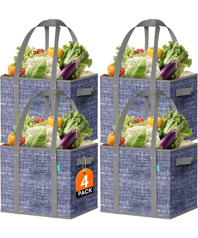 Fab totes Reusable Grocery Bags, Large Foldable Shopping Tote Bags with Reinforced Handles & Hard Bottom,4 Pack,Blue