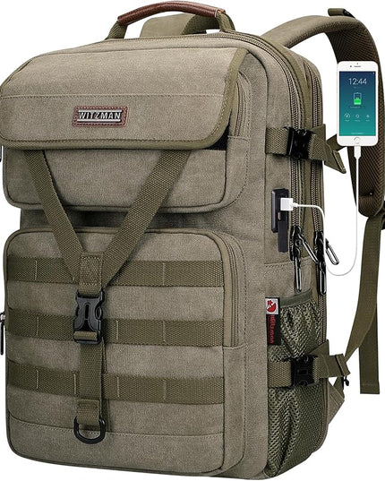 WITZMAN Travel Backpack for Men Large Canvas Laptop Backpack Fit 16 inch Carry on TSA Friendly Flight Approved Vintage Rucksack for Traveling(A8012 Army Green)