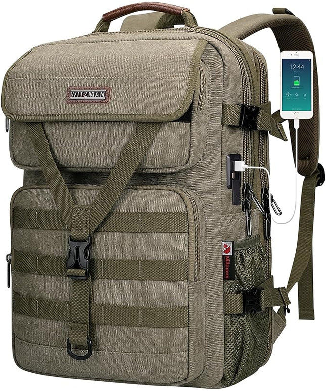 WITZMAN Travel Backpack for Men Large Canvas Laptop Backpack Fit 16 inch Carry on TSA Friendly Flight Approved Vintage Rucksack for Traveling(A8012 Army Green)