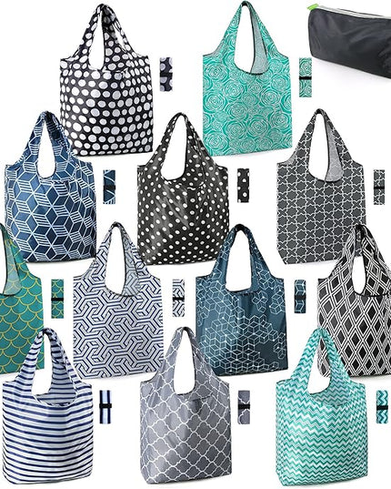 BeeGreen Reusable Grocery Bags Lightweight Durable Shopping Bags Washable Foldable 12 Pack Xlarge Classic Geometric Design Gift Tote Grocery Bags with Elastic Band and Separated Zipper Storage Pouch