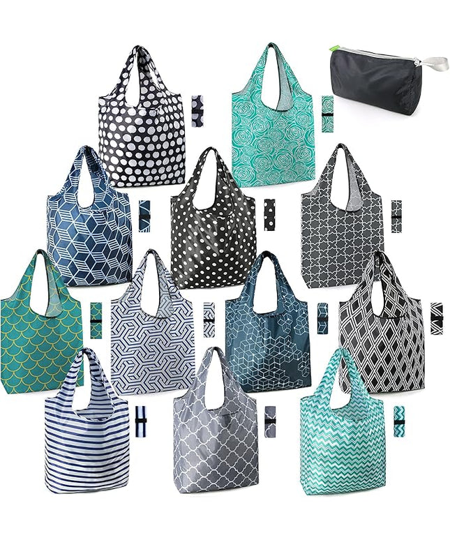 BeeGreen Reusable Grocery Bags Lightweight Durable Shopping Bags Washable Foldable 12 Pack Xlarge Classic Geometric Design Gift Tote Grocery Bags with Elastic Band and Separated Zipper Storage Pouch