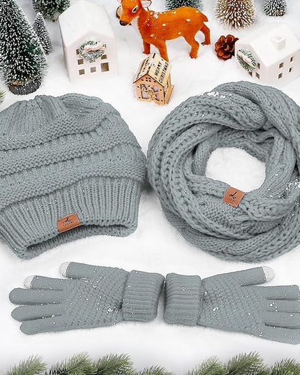 Winter Beanie Hat Scarf Gloves, Warm Fleece Knit Hats Touch Screen Gloves Neck Scarf Set Winter Gifts for Unisex Adult