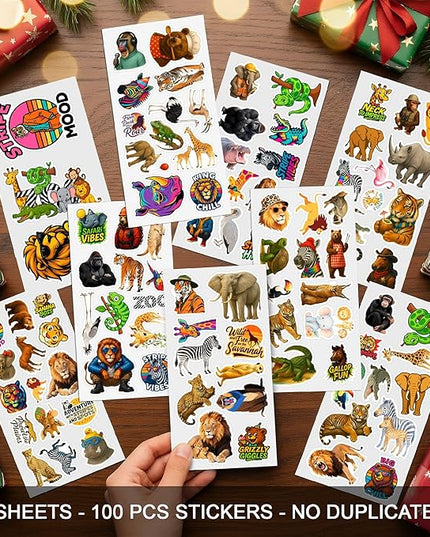 100 PCS Safari Animal Stickers Pack, Vinyl Decals of Wild Jungle Zoo Animals Lion Elephant Giraffe, Fun Gift for Teens Adults Students Laptop Bottle Scrapbook