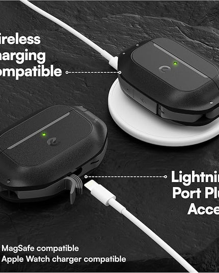 Keybudz for AirPods Pro 2 Case with Lock - Fully Waterproof AirPods Pro 2nd Generation Case Cover - Keychain, Rugged Tough Protection, Hard Shell and Carabiner for USB-C/Lightning (Carbon Black)