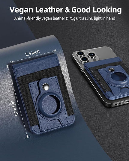 For Magsafe Wallet Stand with Airtag Holder, Strongest Magnetic Phone Wallet for iPhone 17/16/15/14/13/12 Series, ID Window, 4 Card Slots, 10 Cards Holder, Vegan Leather, RFID Blocking, Navy Blue