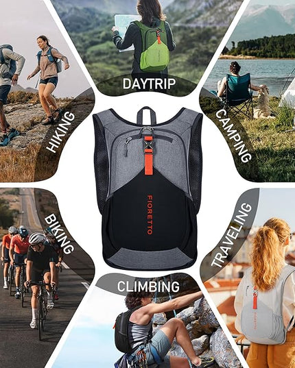 FIORETTO 15L Hiking Backpack for Women Men Mini Packable Backpack Lightweight Small Daypack for Camping Travel Outdoor, Grey and Black