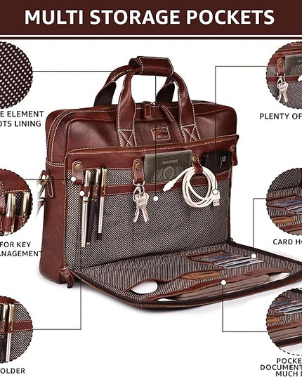 LEATHER VILLAGE 18" Leather Laptop Messenger Briefcase Bag for Men-Leather Satchel for Travel and Office Shoulder Bag-Red Brown
