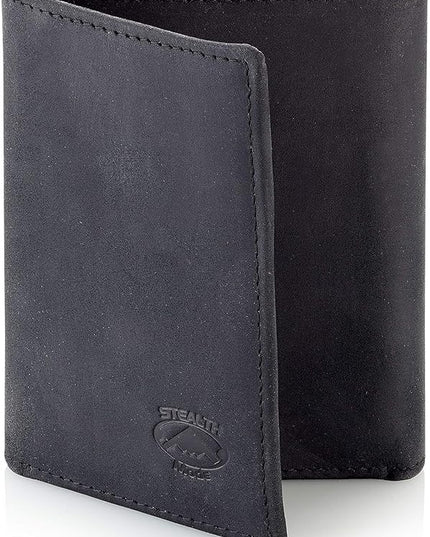 Stealth Mode Trifold Leather Wallet for Men with ID Holder and RFID Blocking (Black)