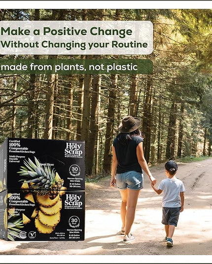 Large Slim Compostable Trash Bags - 8-10 Gallon, 60 Pack | Plastic-Free Tall Kitchen Garbage Bags & Liners with Easy-Tie Handles | Thick Bin Bag Liners for Green & Food Waste