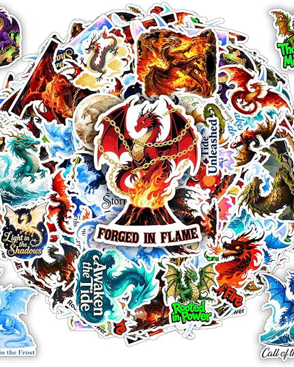 100 PCS Magic Dragon Stickers Pack, Fantasy Vinyl Decals Fire Ice Water Earth Light Dark Dragons, Aesthetic Mythical Dragons Art for Adults, Scrapbooking, Laptops, Water Bottles
