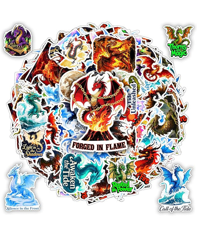 100 PCS Magic Dragon Stickers Pack, Fantasy Vinyl Decals Fire Ice Water Earth Light Dark Dragons, Aesthetic Mythical Dragons Art for Adults, Scrapbooking, Laptops, Water Bottles