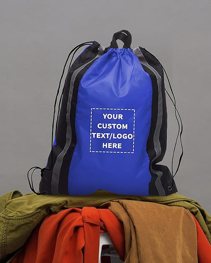 DISCOUNT PROMOS Custom Classic Polyester Drawstring Backpack Set of 10/50/100, Personalized Bulk Pack - Great for Travelling, Gym and for Everyday Use - Blue