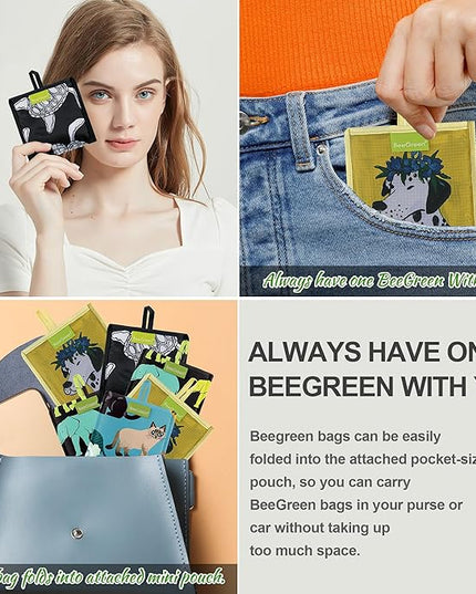 BeeGreen Animals Reusable Grocery Bags Reusable Kitchen Bags Bulk Foldable-Machine Washable with Zipper Storage Pouch 6 Packs