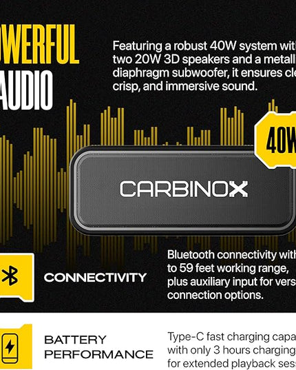 CARBINOX Portable Bluetooth Speaker with IPX7 Waterproof, Type-C Fast Charging, 3D Surround Sound, 18m Range, Black