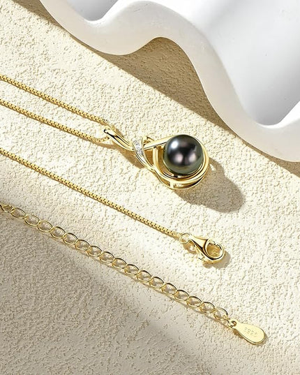 Tahitian Black Pearl Necklaces for Women, Sterling Silver Single Pearl Pendant Necklace Birthday Anniversary Jewelry Gifts for Wife Mom