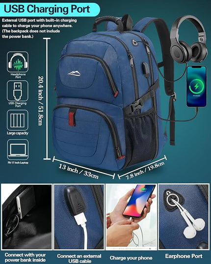 ProEtrade Travel Backpack, Extra Large Laptop Backpack School Business Anti Theft TSA Approved College Work Computer Bag Fits 17 Inch Laptop with USB Charging Port Bookbag for Women Men(Blue)