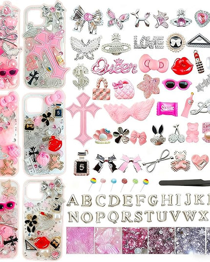 Sutesloly Junk Case Charms Kit, Pink y2k Glitter Phone Case Charm with Storage Box, Kawaii DIY Accessories for Bags, Shoes, Crafts,Cute Bow,Resin Flat Bottomed Drill,Star Letters,Butterfly