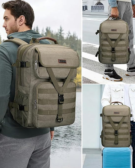 WITZMAN Travel Backpack for Men Large Canvas Laptop Backpack Fit 16 inch Carry on TSA Friendly Flight Approved Vintage Rucksack for Traveling(A8012 Army Green)