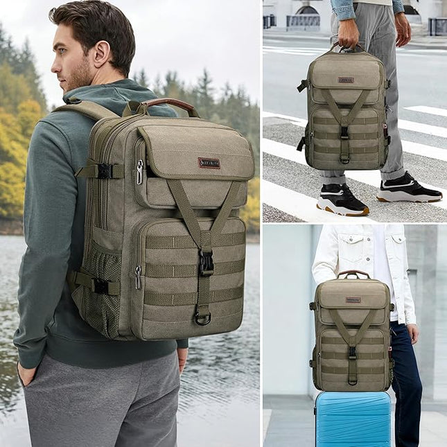 WITZMAN Travel Backpack for Men Large Canvas Laptop Backpack Fit 16 inch Carry on TSA Friendly Flight Approved Vintage Rucksack for Traveling(A8012 Army Green)