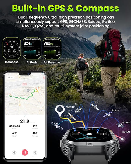 Military Smart Watch for Men Built-in GPS with LED Flashlight Compass, 2.13" AMOLED Tactical Smart Watches with Answer/Make Calls, 3ATM Waterproof Fitness Tracker for iPhone Android (Black)