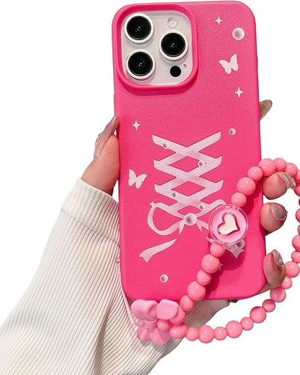 Elegant Lovely Bow Phone Case for iPhone 13, Stylish Ballet Ribbon Girly Cover with Wrist Strap, Aesthetic Soft Pink Tone, Designed for Women and Girls