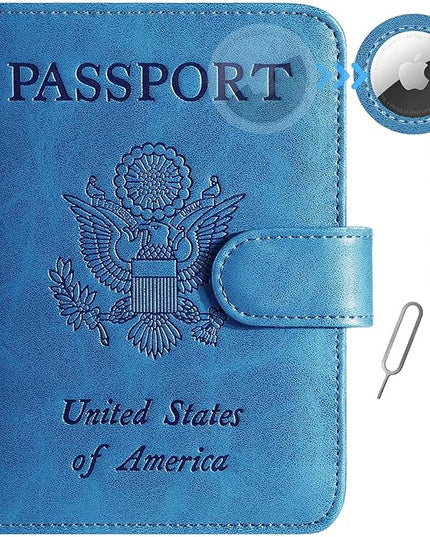 Airtag Passport Holder Cover Wallet RFID Blocking Leather Case Travel Essentials Luggage Accessories Travel Must Have(118#Blue)