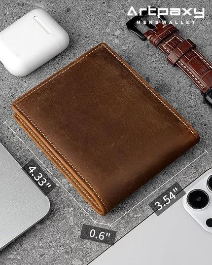 Artpaxy Mens Wallet Genuine Leather Bifold RFID Blocking Wallet for Men with 1 ID Window 13 Card Holders 2 cash pockets 1 Gift Box