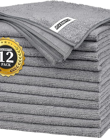 FIXSMITH Grey Microfiber Cleaning Cloth -Pack of 12, Highly Absorbent Cleaning Rags, 16"X12" All Purpose Cleaning Towels for Housekeeping, Kitchen, Car, Lint Free and Reusable Microfiber Towels