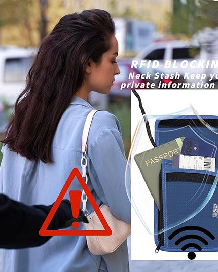 Travel Neck Wallet with RFID Blocking – Passport Holder Organizer Neck Pouch – Portable Easy to Conceal Travel Pouch (Dark Blue)