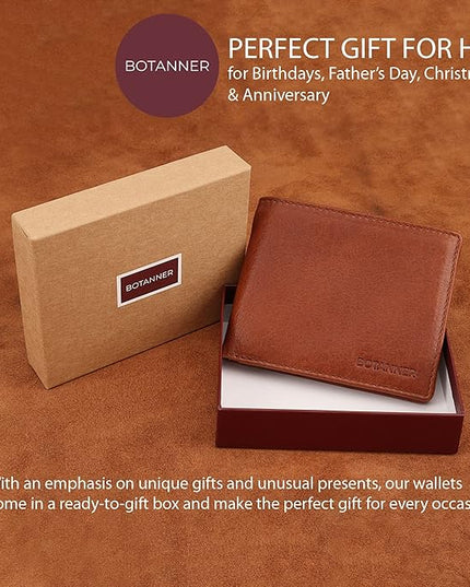 BOTANNER Genuine Leather Mens Bifold Wallet Slim RFID Blocking 5 Credit Card Slots 1 ID Window 2 Sections for Bills 2 Additional Slots | Tan
