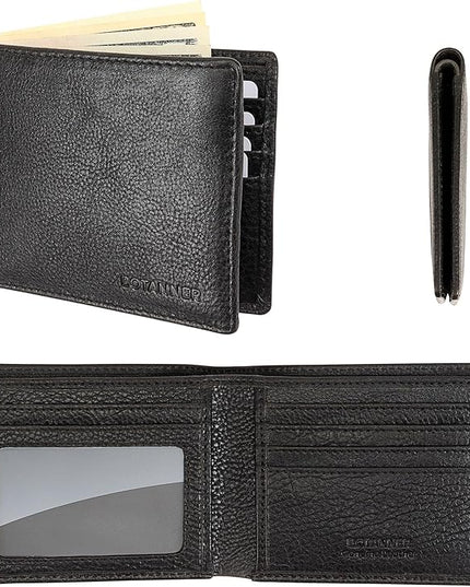 BOTANNER Genuine Leather Bifold Mens Wallet RFID Blocking 5 Credit Card Slots 1 ID Window 2 Sections for Bills 2 Additional Slots | Black