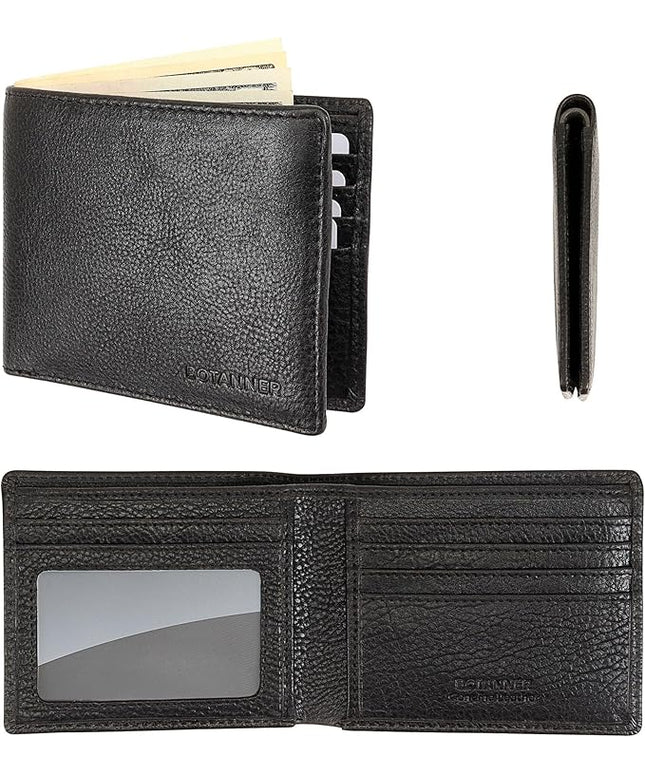 BOTANNER Genuine Leather Bifold Mens Wallet RFID Blocking 5 Credit Card Slots 1 ID Window 2 Sections for Bills 2 Additional Slots | Black