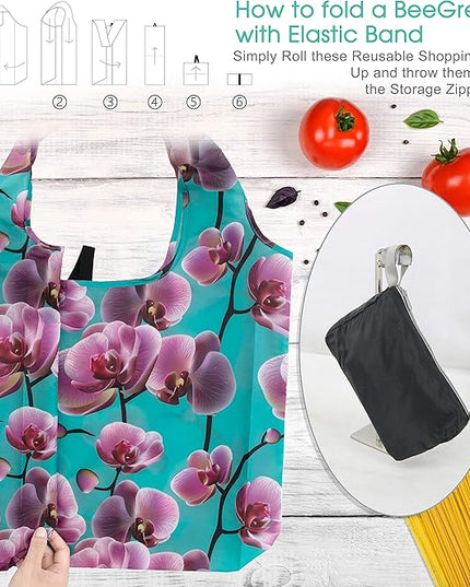BeeGreen 10 Pack Washable Floral Grocery Bags for Shopping Reusable Tote Bags Extra Large 50LBS Cute Flower Design Foldable Reusable Bags for Women Men Lightweight Durable