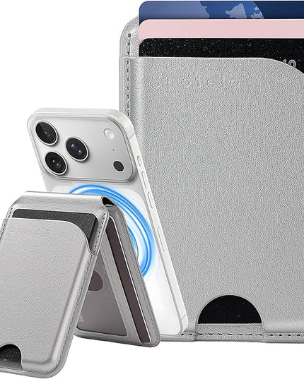 Magnetic Wallet for iPhone, Compatible with MagSafe Adjustable Stand Wallet, RIFD Blocking Leather Magnetic Card Holder for iPhone 17/16/15/14/13/12 Series, Not for iPhone 13/12 Mini(Silver)