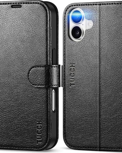 TUCCH Wallet Case for iPhone 16, Kickstand [RFID Blocking] 4 Card Slots [Protective TPU Interior Case], PU Leather Magnetic Shockproof Flip Cover Compatible with iPhone 16, Textured Black