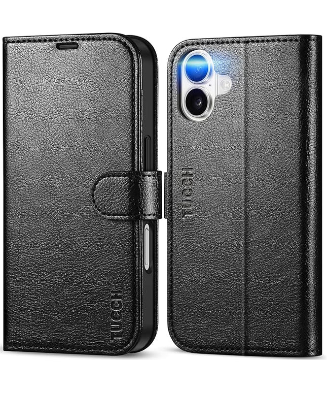 TUCCH Wallet Case for iPhone 16, Kickstand [RFID Blocking] 4 Card Slots [Protective TPU Interior Case], PU Leather Magnetic Shockproof Flip Cover Compatible with iPhone 16, Textured Black
