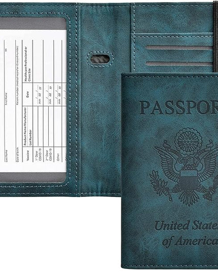 HerriaT Passport and Vaccine Card Holder Combo,Cover Case with CDC Vaccination Card Slot, Leather Travel Documents Organizer Protector, with RFID Blocking, for Women and Men