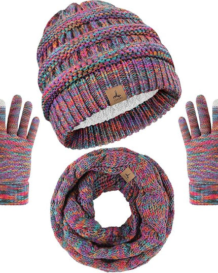 Winter Beanie Hat Scarf Gloves, Warm Fleece Knit Hats Touch Screen Gloves Neck Scarf Set Winter Gifts for Unisex Adult