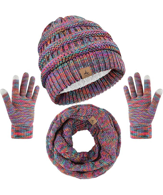 Winter Beanie Hat Scarf Gloves, Warm Fleece Knit Hats Touch Screen Gloves Neck Scarf Set Winter Gifts for Unisex Adult