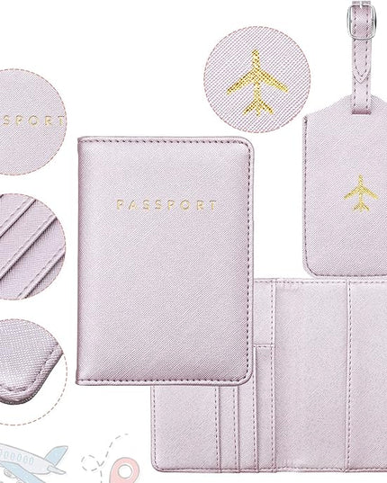 Weewooday 2 Set Mr and Mrs Passport Covers Holder and Luggage Tags Cute Leather Wallets Holder Travel Luggage Tags for Women Men Gift(Purple, Pink)
