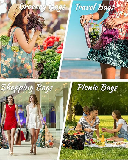 BeeGreen Flower Reusable Shopping Bags Cute Grocery Bag 6 Pack, Christmas Gift Bags Heavy-Duty Foldable Shopping Totes for Supermarket, Work & Travel, Large Washable Polyester Tote Bag with Handles
