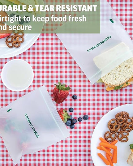 Zenlogy Compostable Sandwich Bag (7" x 7"), Resealable Food Storage Bags, Biodegradable & Freezer Safe Baggies, Organic Eco-Friendly Storage Container, 100 Pack