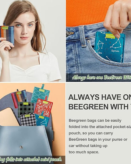BeeGreen Large Tote Bag 6 Pack Reusable Grocery Bags Foldable - Bulk Machine Washable Ripstop Polyester Fabrics Grocery Bag - Reusable Shopping Bags for Women Travel Storage (Geometry Design)