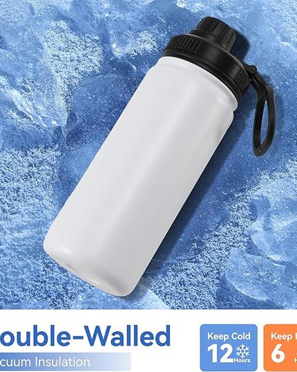 DOMICARE 16 oz Kids Water Bottle for School Stainless Steel Double Wall Vacuum Insulated Water Bottle with Straw lids & Spout Lid, Leakproof BPA Free (White,4)