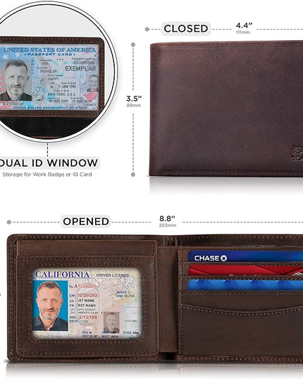 SERMAN BRANDS 2 ID Window Wallet for Men RFID Blocking Leather, Bifold Top Flip, Extra Capacity Travel Wallet