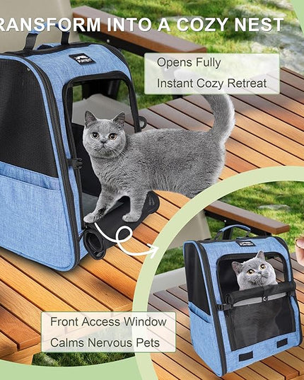 Cat Backpack Carrier with Ventilation Mesh and Safety Leash, Lightweight Dog Travel Backpack with Pockets, Reflective Strip, and Removable Mat,Hiking and Outdoor Use,Blue