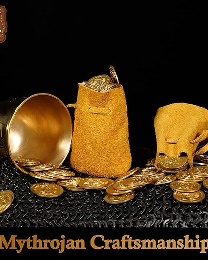 Mythrojan Small Trinket Pouches Suede Leather Drawstring Coin & Dice Bags for LARP, SCA, Viking & Medieval Events (Yellow - Pack of 2)