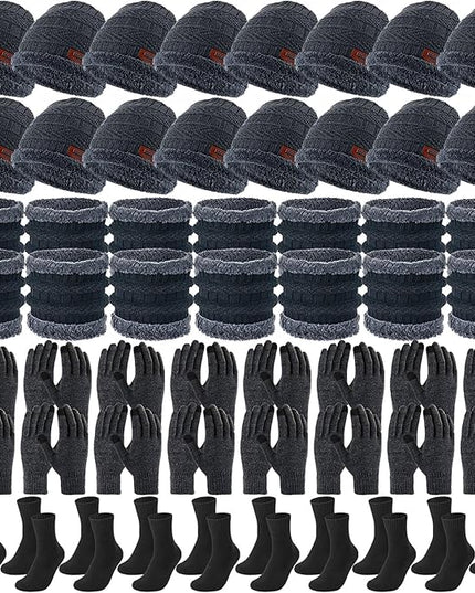 Sureio 60 Pcs Homeless Beanies Hat Scarf Glove Set Bulk Winter Knitted Beanies Gloves Scarf Socks for Homeless Care Package