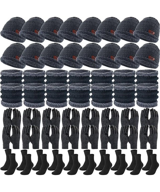 Sureio 60 Pcs Homeless Beanies Hat Scarf Glove Set Bulk Winter Knitted Beanies Gloves Scarf Socks for Homeless Care Package