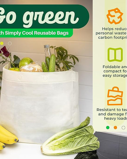 Simply Cool Reusable Grocery Bags Eco-Friendly - Reusable Shopping Bags, Heavy Duty Grocery Bags, Foldable, Tote Bags Bulk